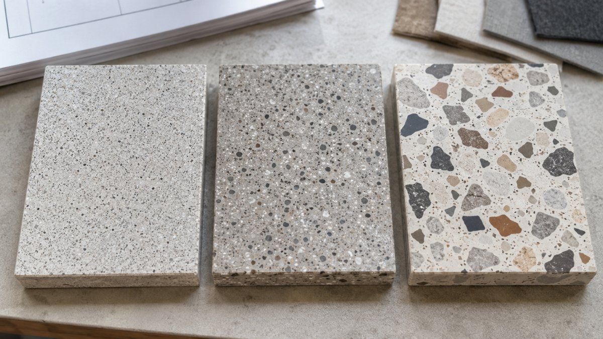Terrazzo aggregate size sample close-up for chip density review