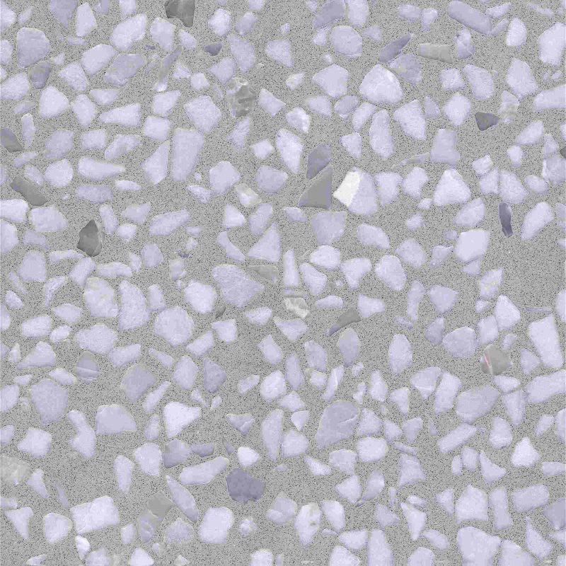 Close-up of Pearl Mist Grey cement terrazzo tile with a light grey base, white marble aggregate chips, pale grey fragments, and fine dark speckles.