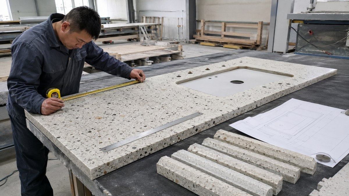 Terrazzo countertop dimensions orientation and cutout positions checked against approved shop drawings