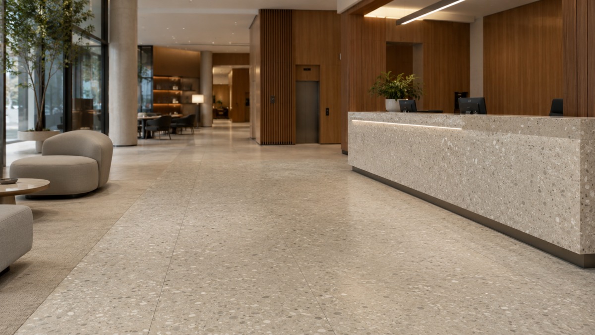  Warm neutral terrazzo flooring and reception counter in a hospitality interior