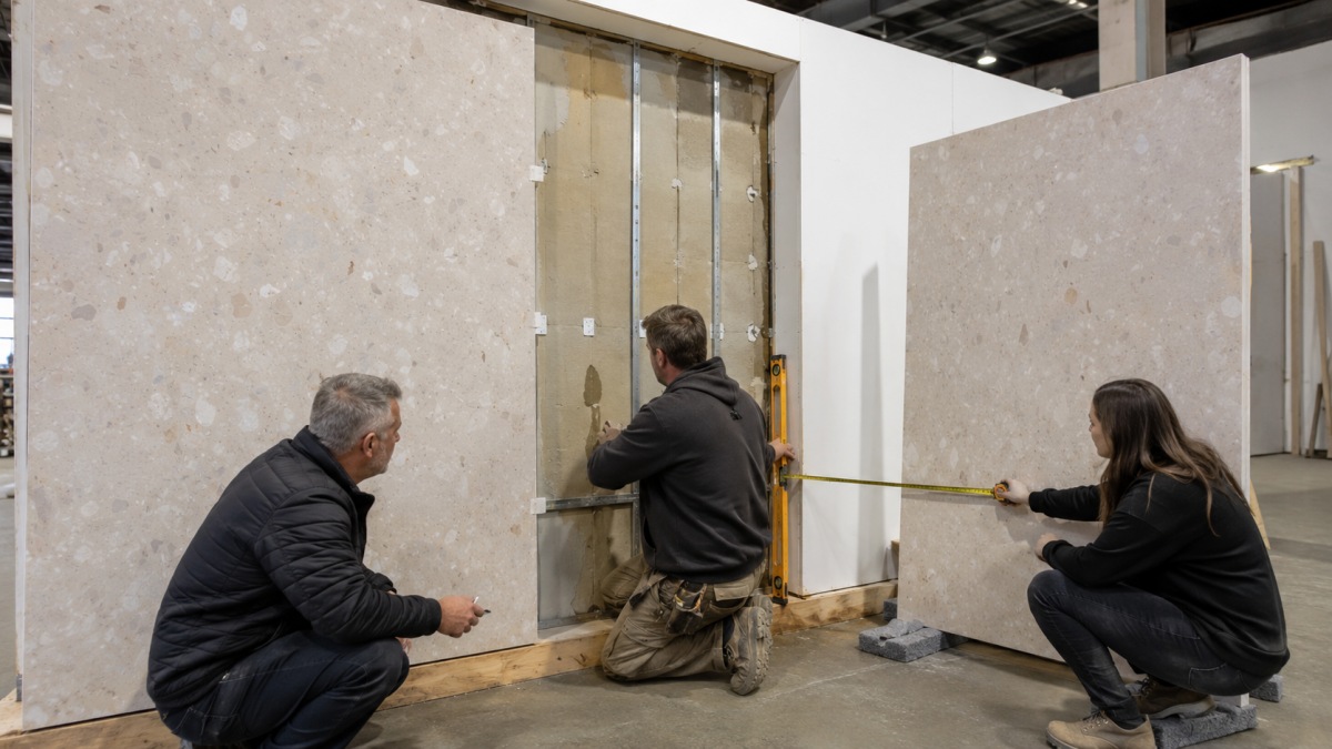 Project team reviewing wall substrate and terrazzo panel fixing conditions before fabrication