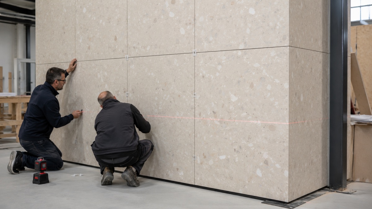 Terrazzo wall panel mock-up used to review joints corners and material interfaces