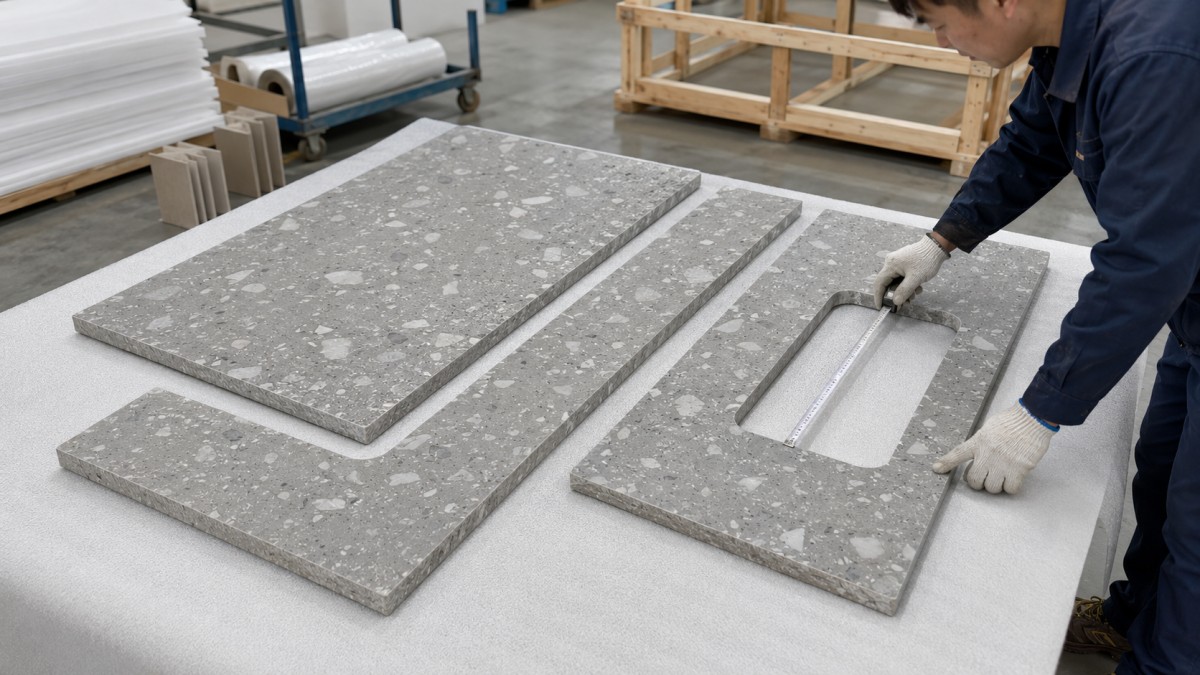 terrazzo-adjacent-pieces-pre-shipment-review Adjacent cut-to-size terrazzo pieces reviewed together before packing
