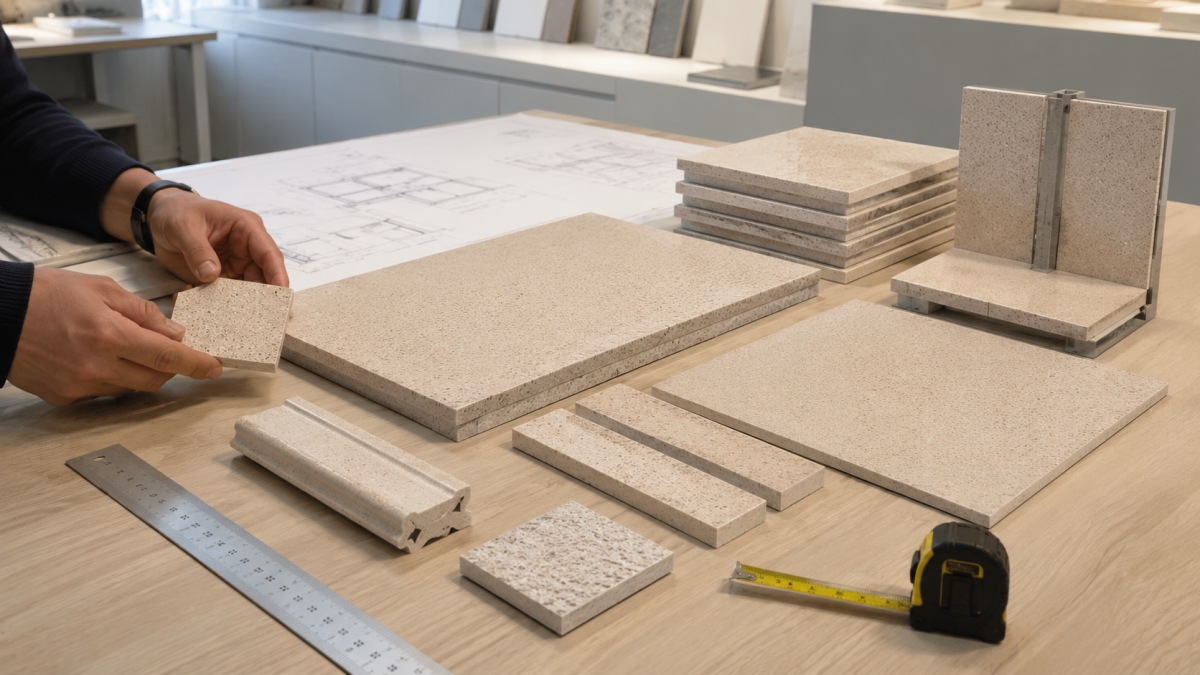 fine-aggregate-terrazzo-sample-slab-tile-comparison Explain how one approved material design can move into different product formats.