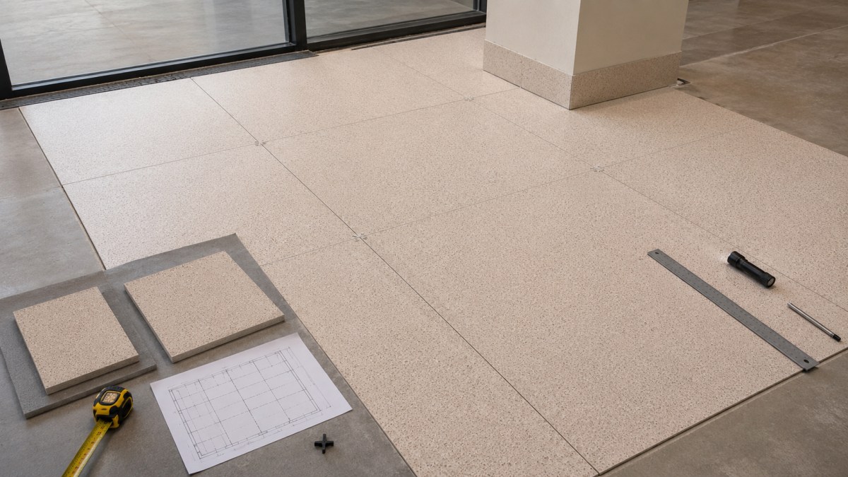 commercial-terrazzo-flooring-layout-review Commercial terrazzo flooring layout reviewed with tile joints and material samples