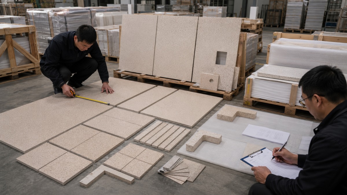 terrazzo-project-sample-approval-and-packing-review Approved terrazzo samples and organized floor and wall pieces prepared for project review