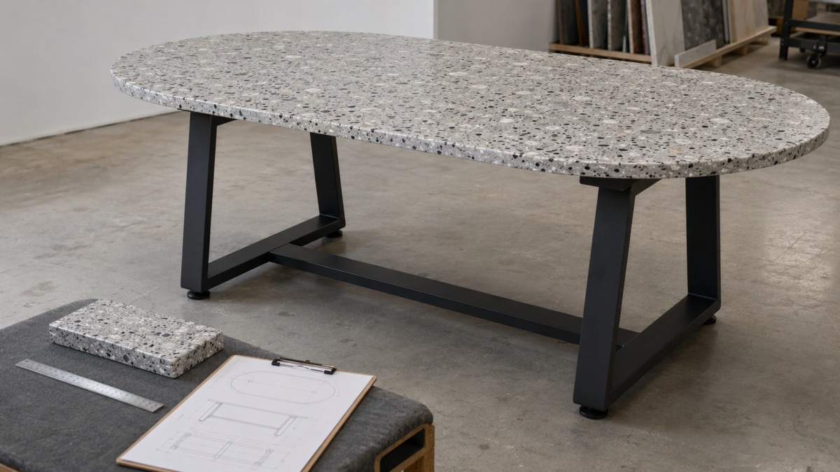 custom-terrazzo-tabletop-shape-edge-base-review Custom terrazzo tabletop reviewed with its shape, edge profile and supporting table base