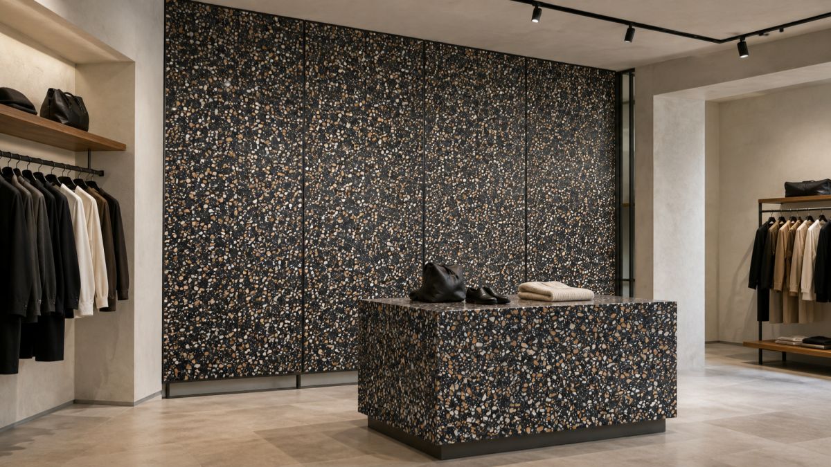 •Amber Night black terrazzo used in a dark retail interior with white and amber aggregate detail