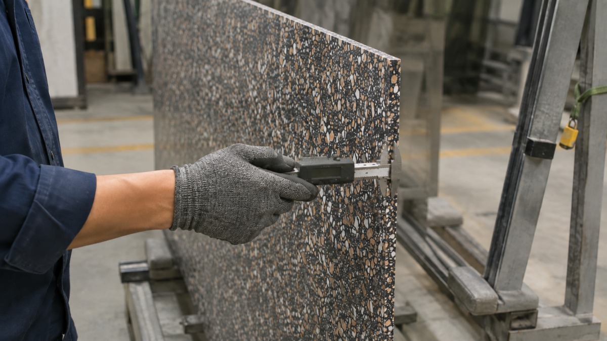 •Amber Night terrazzo finish photographed under controlled angled light •Status: Planned real evidence