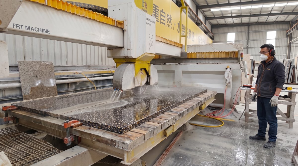 • Amber Night terrazzo slab undergoing real cut-to-size processing in the factory Status: Planned real evidence after capability confirmation