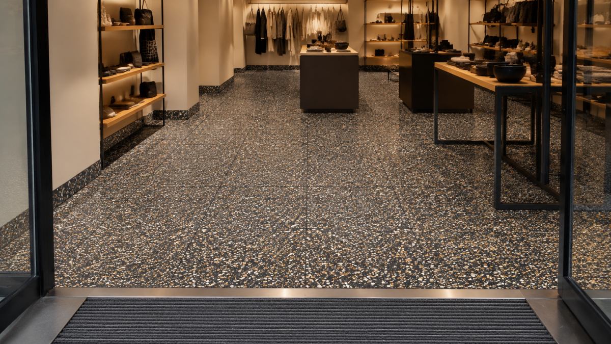 •Concept view of Amber Night black terrazzo flooring in a luxury retail interior