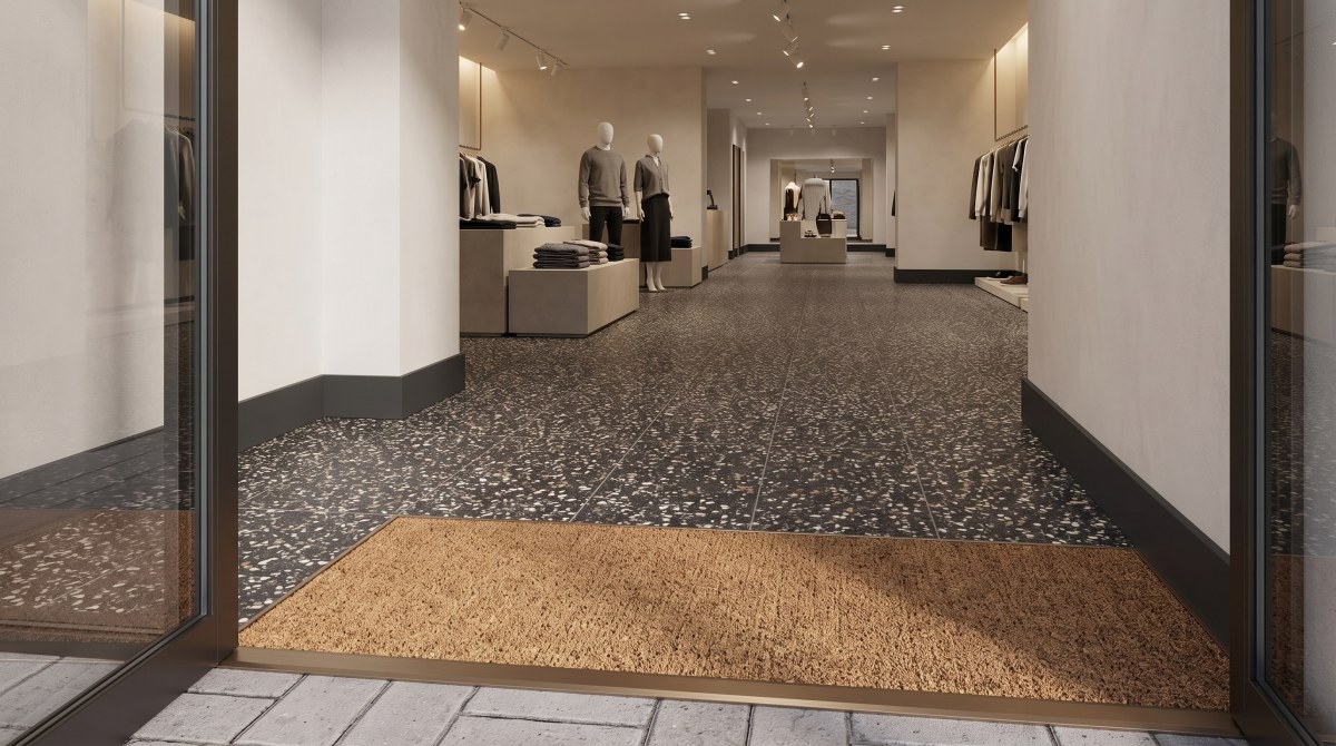 Concept retail feature wall and supported display plinth in Amber Night black terrazzo