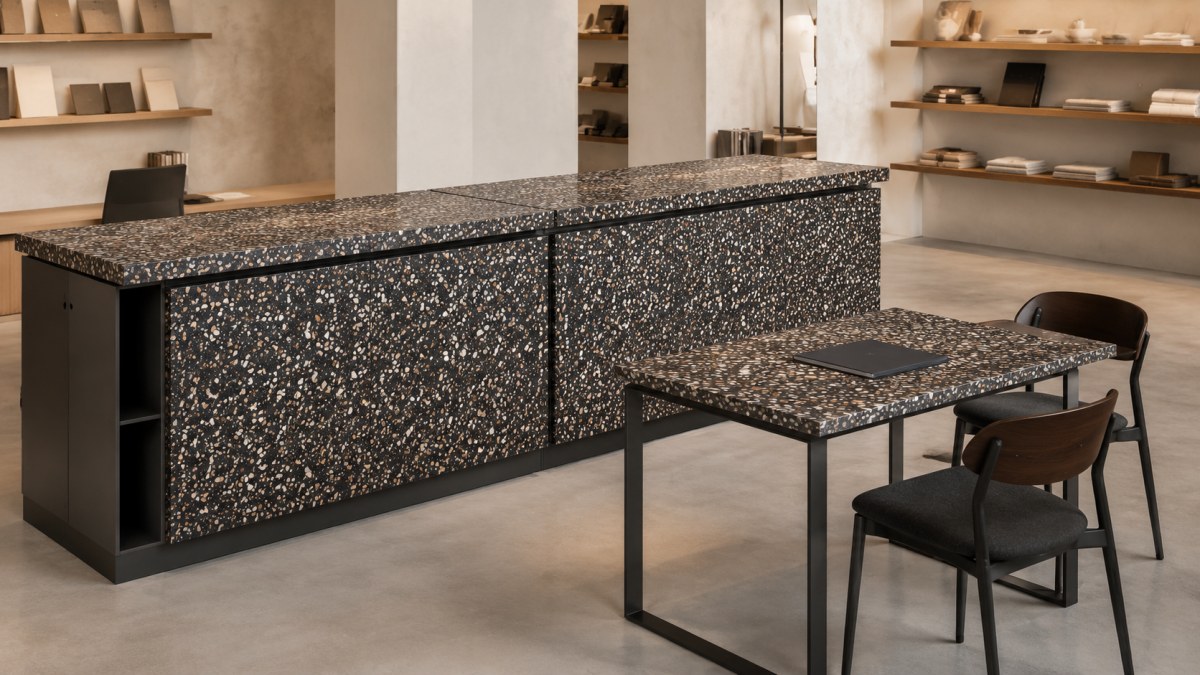 •Concept counter cladding and supported tabletop using Amber Night black terrazzo