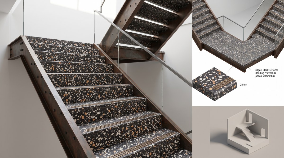 •Amber Night terrazzo stair treads risers and landing with visible joints and nosing detail