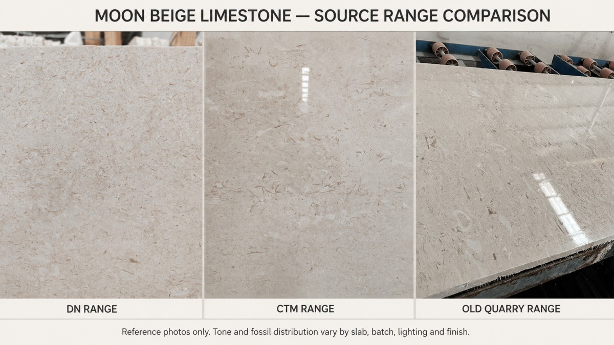 Three Moon Beige limestone source ranges compared by beige tone and fossil distribution