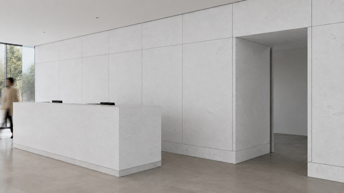 benin-white-limestone-interior-wall-hero Use the uploaded Benin White Limestone slab and close-up images as the only surface source. Create a realistic reception interior with large vertical stone panels, restrained 3–5 mm joints, supported wall construction, believable corner returns and human scale. Preserve the warm-white base, sparse pale markings and random natural variation; do not add marble veins, pure-white recoloring or repeated texture tiles. Human-eye perspective, soft daylight, documentary architectural photography; no readable text, logos, floating panels or CGI gloss.