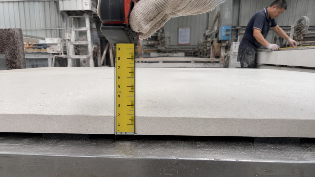 benin-white-limestone-cut-to-size-review Actual cut-to-size limestone panels showing edge and thickness checks
