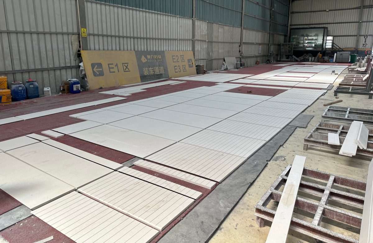 benin-white-limestone-dry-lay-quality-check Benin White Limestone panels arranged for tonal and joint review