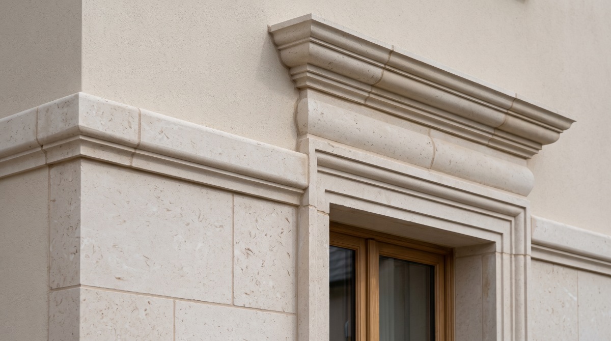 Entrance detail with Moonlight Beige Limestone panels and shaped surrounds at human scale