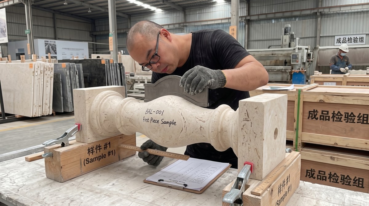 moonlight-beige-limestone-baluster-first-piece First Moonlight Beige Limestone baluster checked for profile, base and top connection