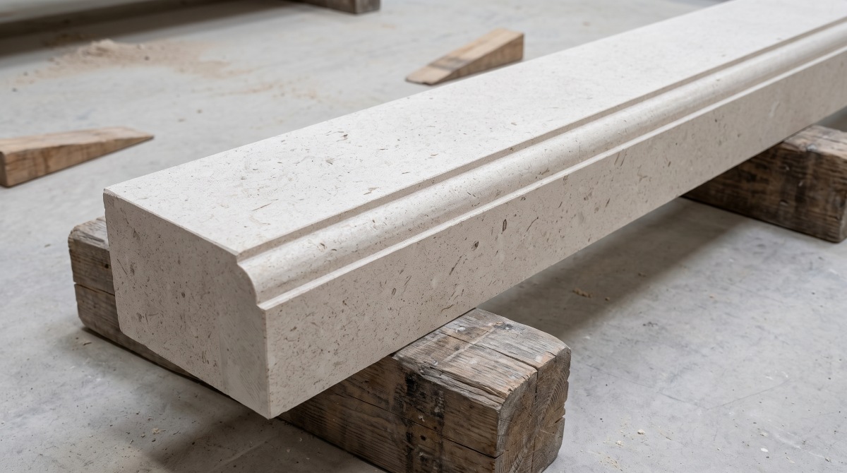 moonlight-beige-limestone-lower-rail-detail Moonlight Beige Limestone lower rail showing baluster seats, joints and visible edges