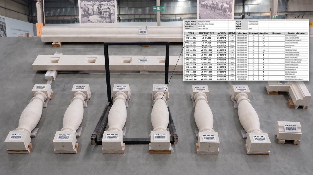 limestone-balustrade-component-schedule Numbered limestone balustrade components beside a blurred component schedule