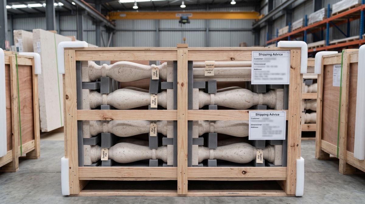 moonlight-beige-limestone-balustrade-packing Moonlight Beige Limestone balustrade components protected and packed by piece sequence