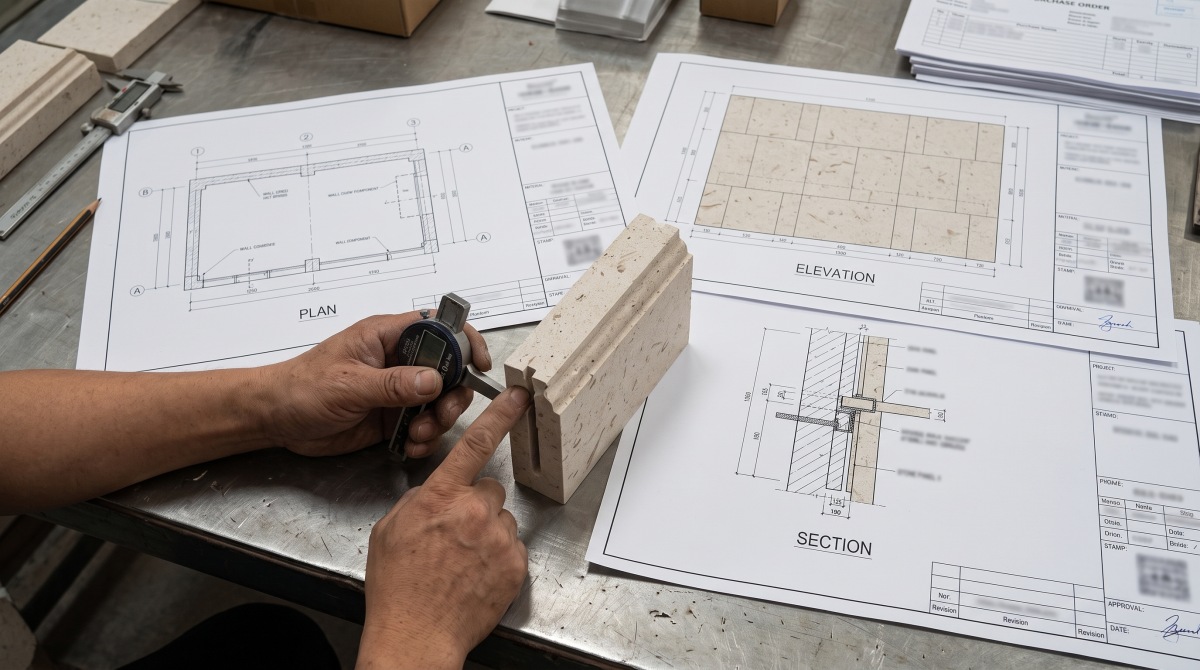 limestone-drawing-to-component-review Moonlight Beige Limestone component reviewed beside plan, elevation and section drawings