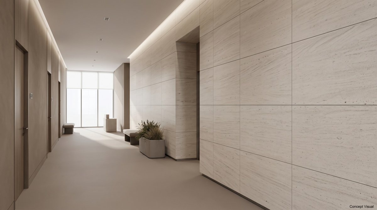 Light ivory wood grain limestone panels installed on a straight hospitality wall