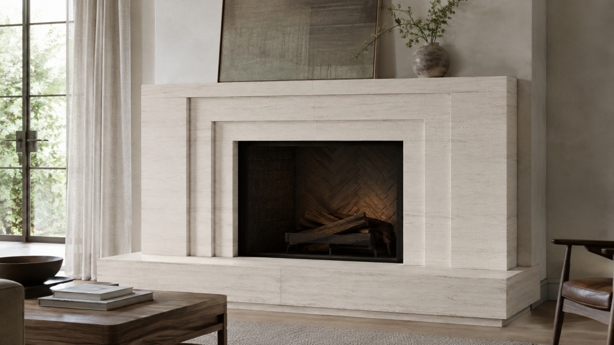 French Wood Grain Limestone fireplace surround with stepped molding and visible joints