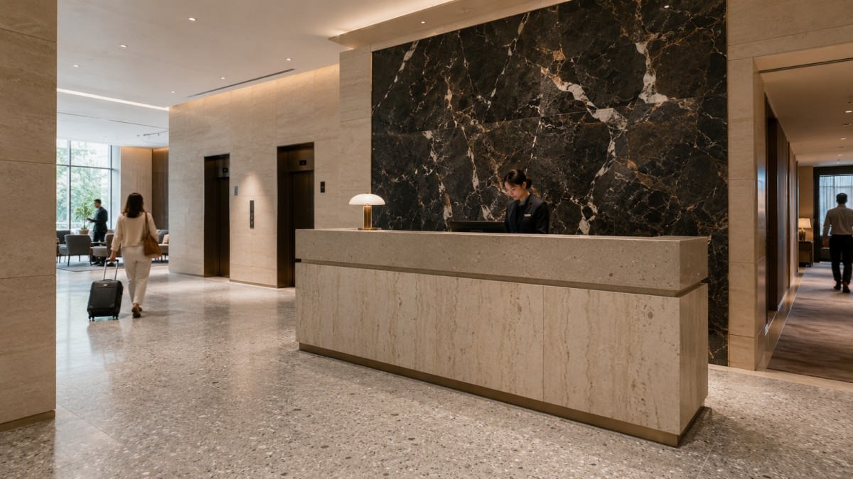 hotel-stone-applications-lobby-corridor-elevator Stone applications across a hotel lobby reception corridor flooring and elevator surround